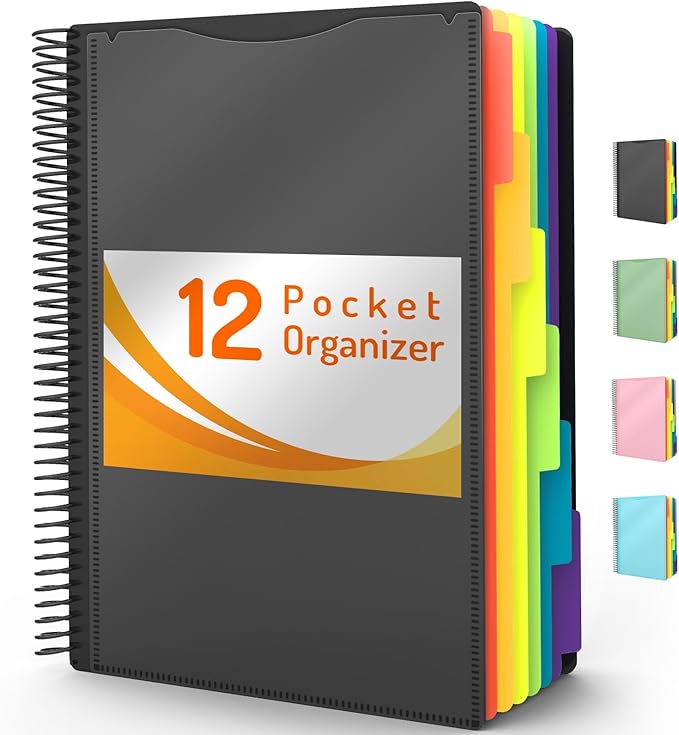 12 Pocket Project Organizer, Forvencer 1/6-cut Tab Binder Organizer with Sticky Labels, Multi Pocket Folder with Zipper Pouch, Folder Binder Spiral Pocket Notebook, Office Supplies, Letter Size, Black