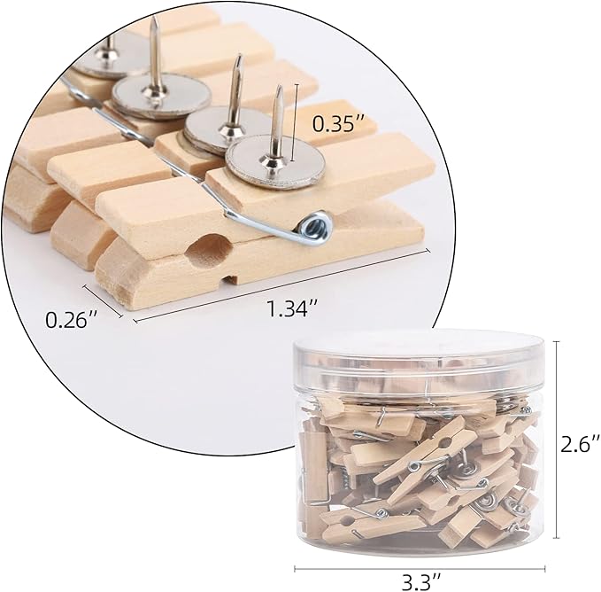 50Pcs Wooden Clips Push Pins Tacks for Cork Board Artwork for Crafts Arts Projects Photo Supplies(Wood Color)