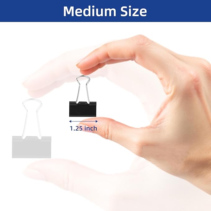 50Pcs Binder Clips Medium, Standard Medium Clips 1-1/4 Inch, Paper Clamps Clips for Office Supplies, Black, Paper Clamps for Document Clamp, File, Wide Metallic, School and Home Supplies