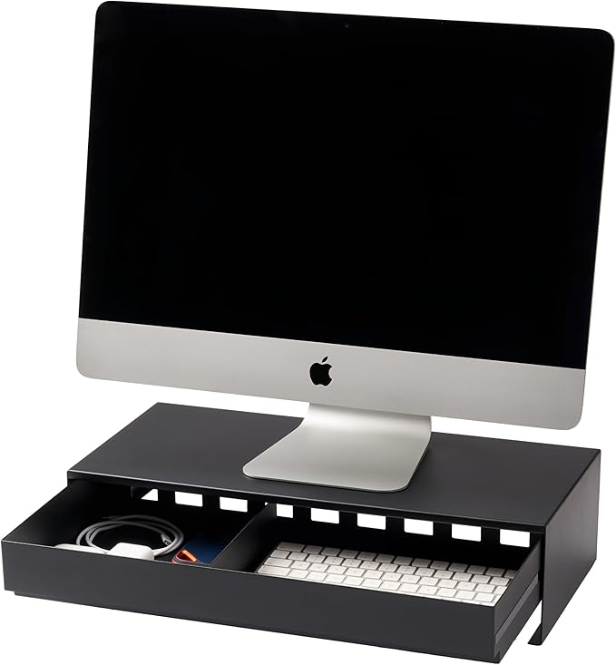 YAMAZAKI Home Tower Monitor Stand With Drawer – Monitor Riser With Storage, Desk Monitor Stand With Cable Management, Gaming Organizer, Steel, Black - Steel
