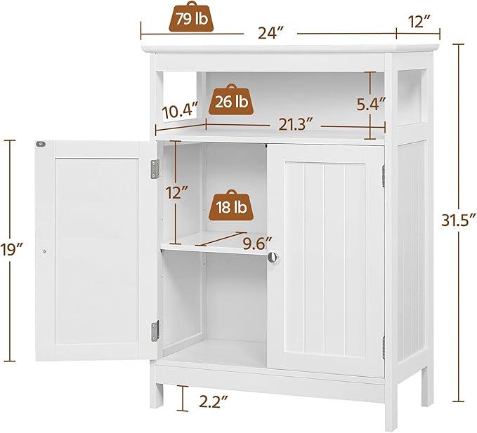 Yaheetech Bathroom Floor Storage Cabinet, Wooden Free Standing Storage Organizer with 2 Doors & Adjustable Shelves, for Living Room Hallway, White