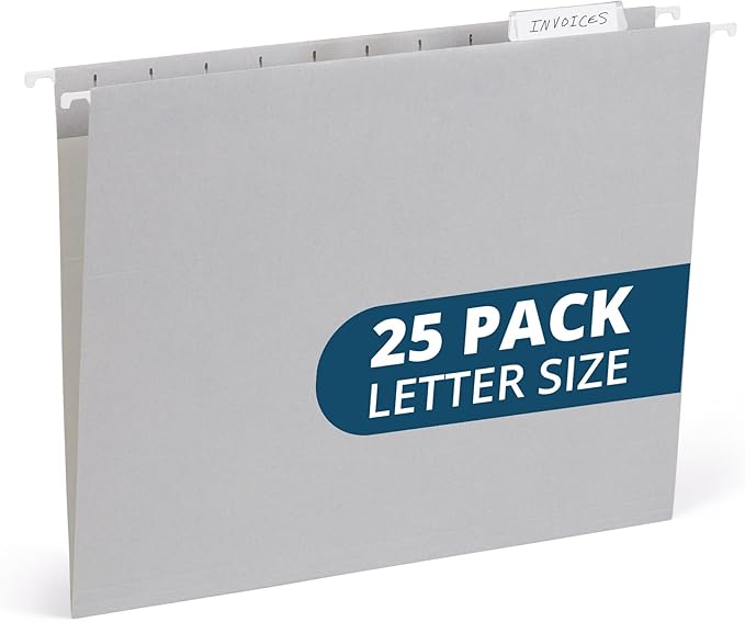 25 Blue Summit Supplies Grey Hanging File Folders Letter Size - Durable 11pt Paper, Hanging File Folders Gray, Plastic Tabs and Inserts Included, Perfect for Office Organization
