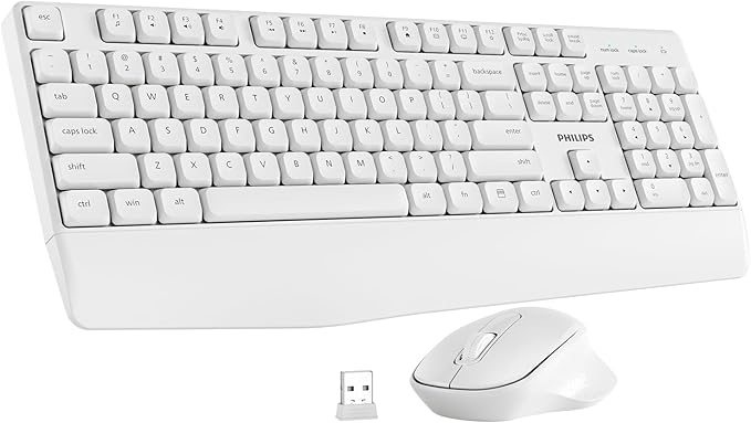 PHILIPS Wireless Keyboard and Mouse Combo-Ergonomic Keyboard and Mouse Wireless Combo with Silent Design,Plug n' Play,Sleep Mode and 2.4GHz Keyboard for Mac, Windows, Laptop-White