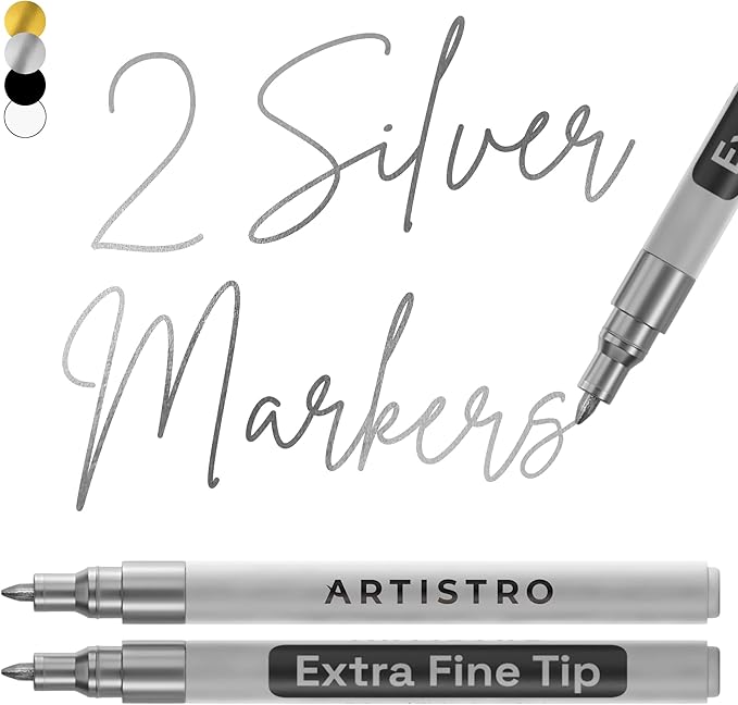 ARTISTRO 2 Silver Acrylic Paint Markers - 0.7mm Extra Fine-Tip Metallic Paint Pens - Perfect for Crafting, Art Projects, & More