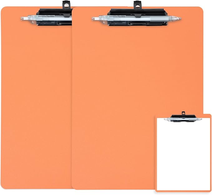 Orange Clipboard with Pen Holder, 2 Pack Plastic Clipboard with Low Profile Metal Clip, Hanging Clipboards Holds 8.5x11 Inch Papers, Standard A4 Letter Size Clip Board for Office & School