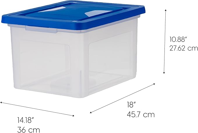IRIS USA File Box, Plastic File Organizer Box With Lids, Letter/Legal File, Important Document Box, Portable Storage Filing Bin, Stackable Nestable, Clear/Blue 35 Qt. 3 Pack