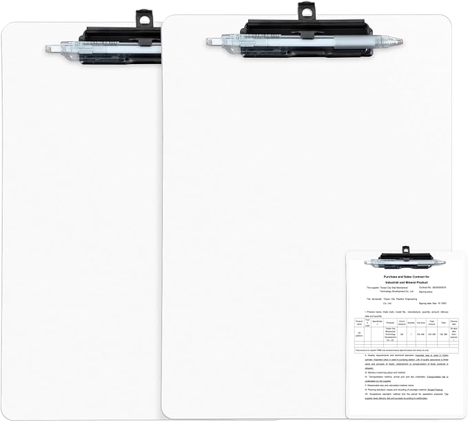 White Clipboard with Pen Holder, 2 Pack Plastic Clipboard with Low Profile Metal Clip, Hanging Clipboards Holds 8.5x11 Inch Papers, Standard A4 Letter Size Clip Board for Office & School
