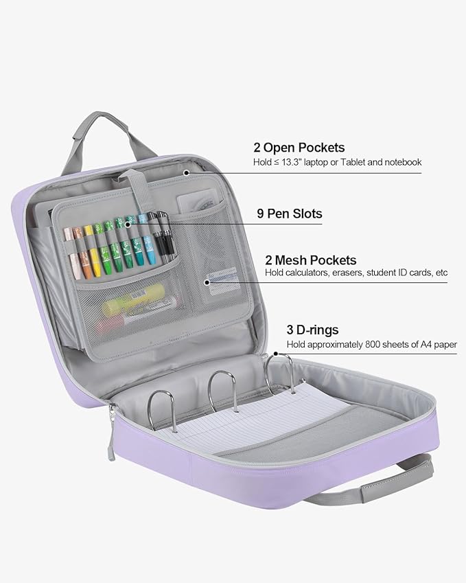 4 Inch 3 Ring Zipper Binder with Shoulder Strap & Handle & Multi-Pocket - 4" Binder with Zipper for School, Compatible with 13-Inch MacBook/Tablet -Patent Design Purple