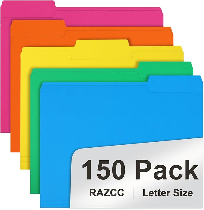 File Folder, RAZCC 150 Pack 1/3 Cut Tab Colored File Folders, File Folder Letter Size for Office Classroom Use, Assorted 5 Colors Folders with Tabs