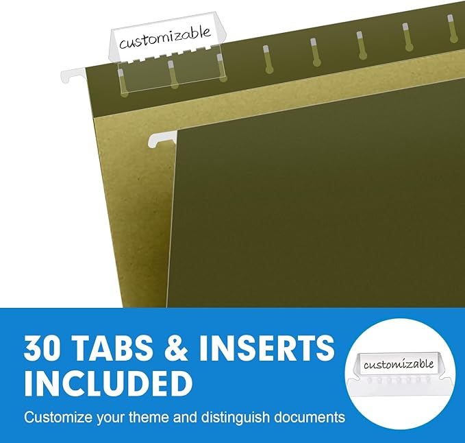 Hanging File Folders, RAZCC 30 Pack Reinforced Hanging Folders Letter Size, Designed for Bulky Files, Filing Cabinet, Adjustable Tabs, Green