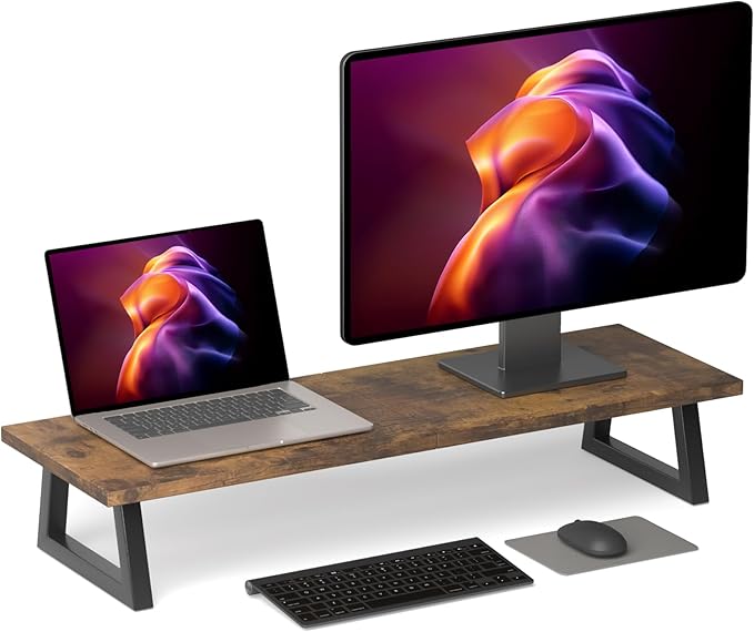 TEAMIX 31.5 inch Dual Monitor Riser for 2 Monitors, Long Monitor Stand Riser TV Stand Riser Monitor Stand for Desk Wood & Steel Desktop Riser Desk Organization Home Office