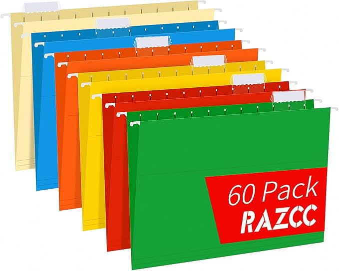 Hanging File Folders, RAZCC 60 Pack Reinforced Hanging Folders Letter Size, Designed for Bulky Files, Filing Cabinet, Adjustable Tabs, Assorted Colors