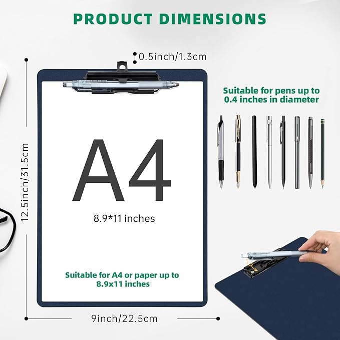 Blue Clipboard with Pen Holder, 2 Pack Plastic Clipboard with Low Profile Metal Clip, Hanging Clip Boards Holds 8.5x11 Inch Papers, Standard A4 Letter Size Clip Boards for Office & School