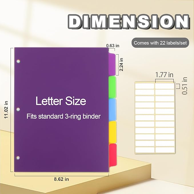 3 Sets Colorful Binder Dividers with Tabs,Plastic Index with 5 Tabs,Big Tab Dividers for 3 Ring Binder