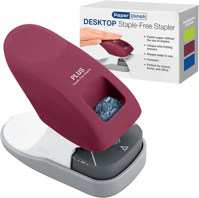 Plus Paper Clinch Desktop Staple-Free Stapler, Wine