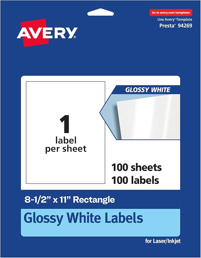 Avery Glossy White Rectangle Labels, 8.5" x 11", 100 Glossy White Labels, Permanent Adhesive, Laser/Inkjet Printable