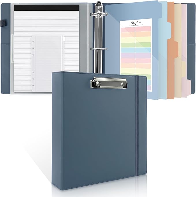 SKYDUE 3 Ring Binder with Clipboard, 2 Inch Heavy Duty Binder, PU Clipboard Binder with Notepad & 5 Dividers with 10 Pockets, Labels, Clipboard Folder Great for School Office(Fit Letter Sized Paper)