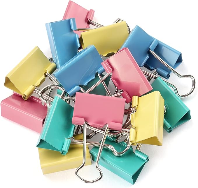ZZTX Binder Clips Paper Clamps Clips Medium Size, Assorted Color, 1.3 Inches, 24 Pieces