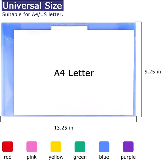 6 Pack Clear Document Folders Plastic Envelopes Poly Envelopes File Envelopes with Label Pocket and Snap Button for Home Work Office Organization, Letter Size/A4 Size, 6 Colors