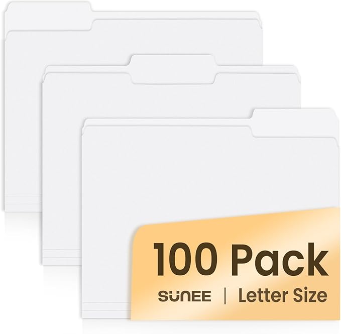 SUNEE File Folders Letter Size White, 100 Pack Manilla Folders 8.5 x 11 1/3-Cut Tabs, Colored File Folders Office Home School for Documents Files Paper
