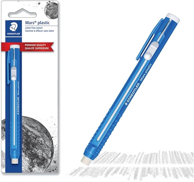 STAEDTLER 6-Pack Mars Plastic Eraser Pen with Refillable Holder, German-Made Eraser for Pencils, Smudge-Free & Tear-Free Precision, Retractable Design with Clip, Blue, 6 Count