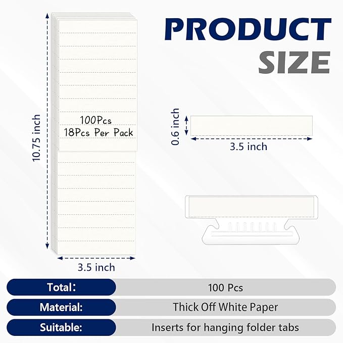 100 Pcs Hanging File Folder Paper Inserts 3-1/2 Inch Off White Blank File Tab Inserts Thick Cardstock for Hanging Folder (3.5×0.6 inch)(No Tab Included)