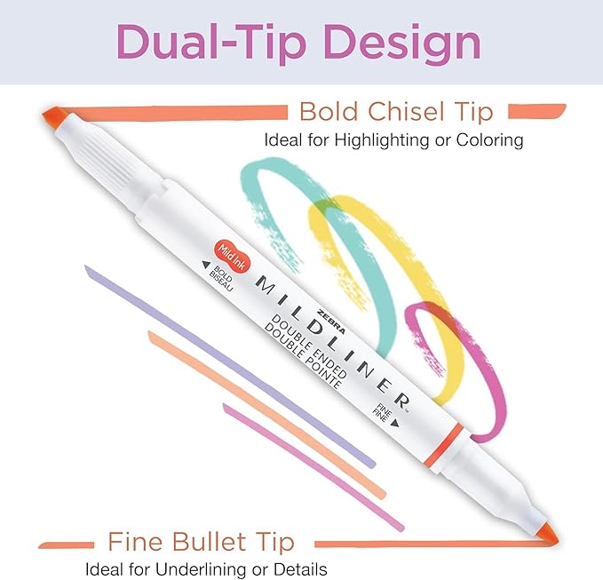 Zebra Pen Mildliner Dual-Tip Highlighters and 2 CLiCKART Markers, No Bleed, Ideal for Bible Highlighting, Journaling, Note-Taking and School Supplies, Neutral Vintage Ink Colors, 10-Pack (78601)