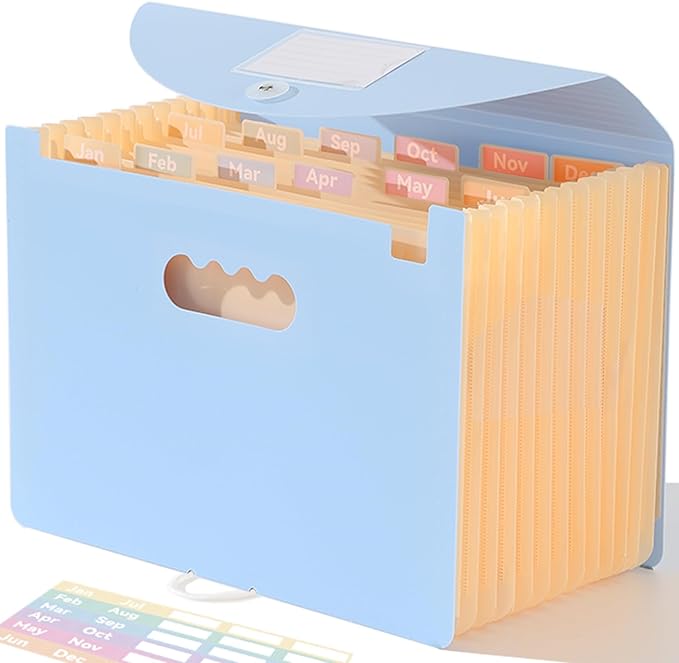 Accordion File Organizer 12 Pockets, Monthly Bill Receipt Tax Organizer, Expanding File Folders with Larger Bright Tabs, Fits Letter/A4 Size - Blue