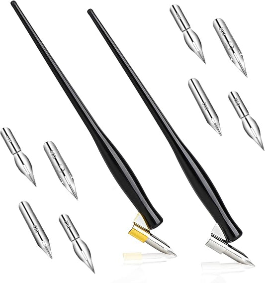 10PCS Oblique Calligraphy Dip Pen Set - 2-in-1 Drawing Pen Holder with 8 Pieces Stainless Steel Pen Replacement Nibs for Writing, Painting, Signing, Sketch