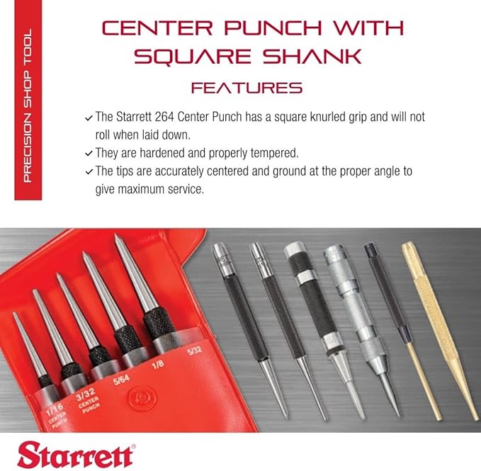 Starrett Steel Center Punch with Square Shank and Knurled Finger Grip - Hardened and Tempered, 4-1/2" Length, 3/16" Diameter Tapered, 7/16" Square Thickness - 264F