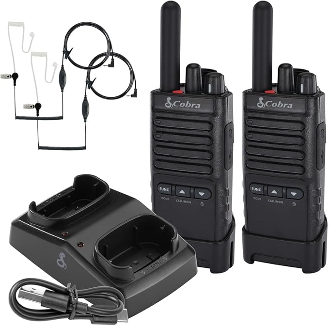 Cobra PX652 Professional Walkie Talkies - Rechargeable, 22 Channels, 300,000 sq. ft/25 Floor Range, Dust Protected & Splashproof (IP54 Rating), Headsets and Chargers Included (2-Pack)