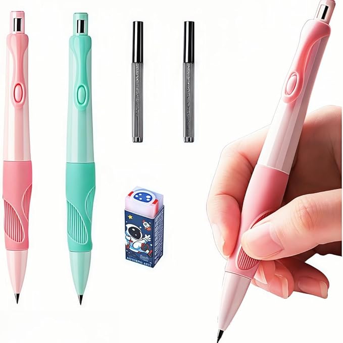 Handwriting thick mechanical pencils with grip: 2.0MM HB Pencil for kids with 14 leads (2 pack red&green)