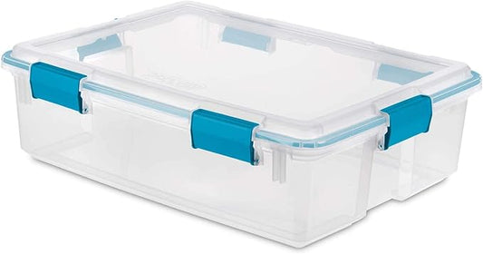 Sterilite 37 Qt Gasket Box, Stackable Storage Bin with Latching Lid and Tight Seal, Plastic Container to Organize Basement, Clear Base and Lid, 1-Pack