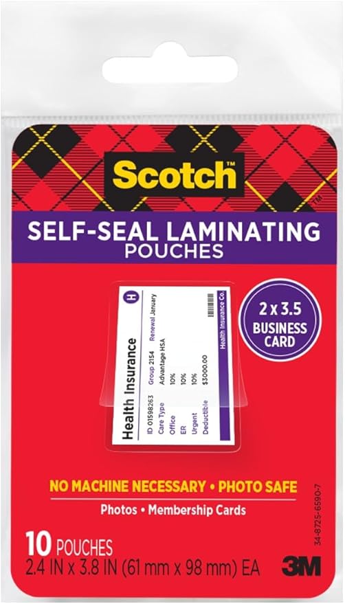 Scotch Repositionable Self-Sealing Laminating Pouches, Business Card Size (2.4″ x 3.8″) – 10 Pack, Adjustable Cold Lamination for Cards & Badges