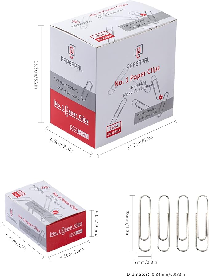 PAPERPAL Paperclips for Office School & Personal Use, #1 Nonskid Paper Clip (1-2/7"), 2000 Medium Paper Clips (20 Boxes of 100 Each), Silver