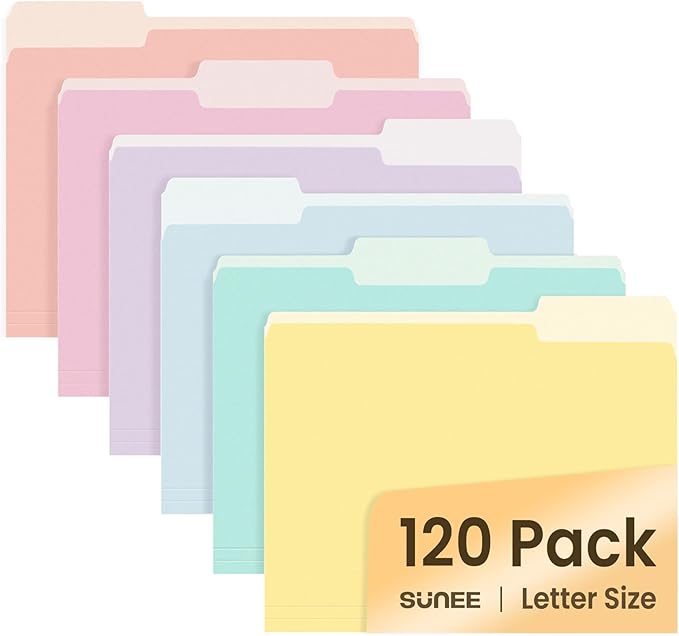 SUNEE File Folders, 120 Pack Manilla Folders 8.5 x 11, Colored File Folders Home Office School Supplies for Documents Files Paper, 6 Soft Colors