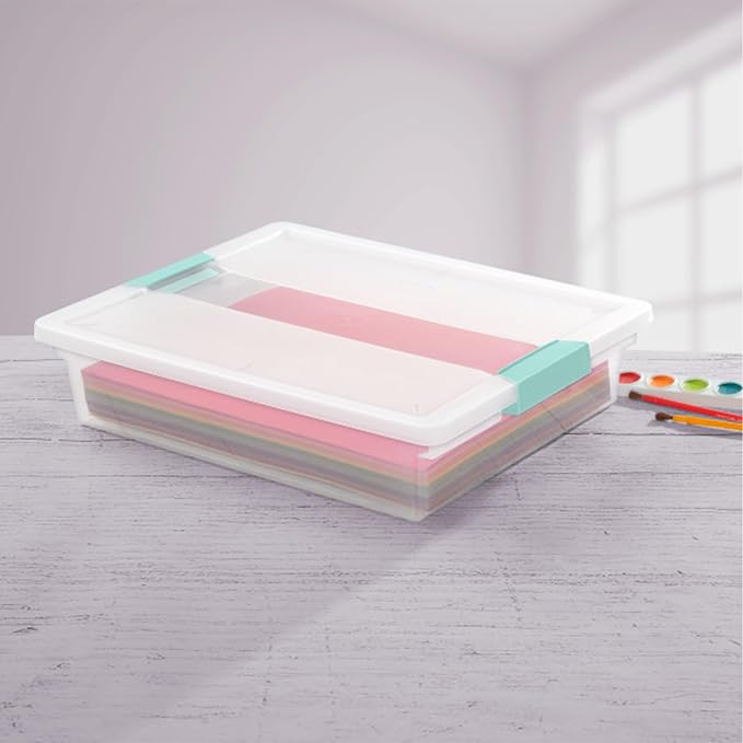 Sterilite Clip Box, Stackable Small Storage Bin with Latching Lid, Plastic Container to Organize Office, Crafts, Clear Base and Lid, Large, 1-Pack