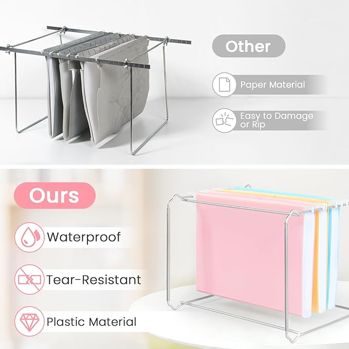 Sooez Tear-Resistant Plastic Hanging File Folders Letter Size, 12 Count File Organizer Suitable for File Cabinet Filing Cabinets, 1/6-cut Adjustable Tabs for Office, School, Pastels Colors, Pink