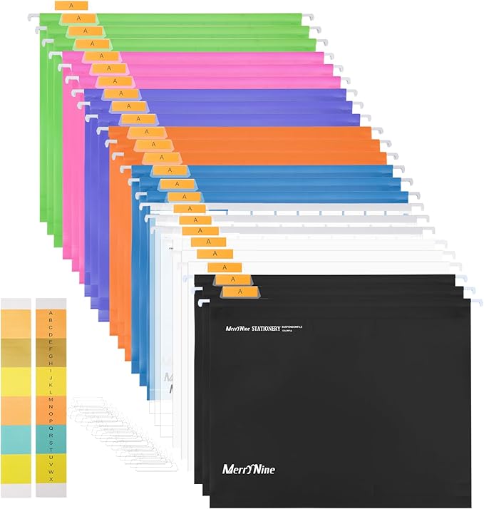 Merrynine Hanging File Folders Letter Size 24pcs, Polypropylene Filing Cabinet Folders Organizer with 1/5-Cut Tabs and Inserts, File Organizers for Office School Home Hospital, Assorted Colors