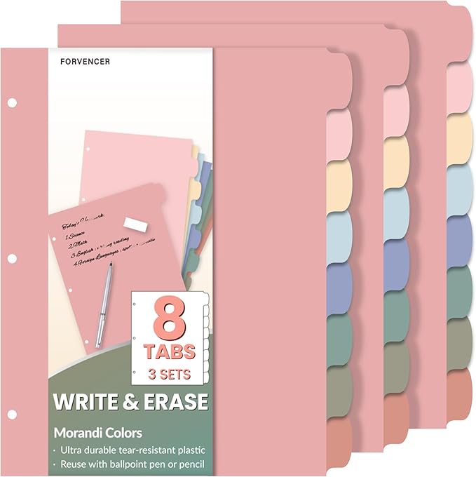 Forvencer 8-Tab Binder Dividers with Tabs, Big Tabs, Write&Erase Plastic Dividers for 3 Ring Binder, Binder Tabs for Organizers, 3 Ring Binder Dividers with Tabs for School Office (Muted, 3 Set)