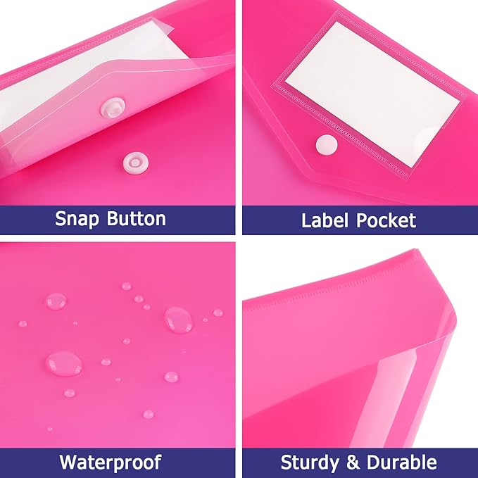 6 Pack Clear Document Folders Plastic Envelopes Poly Envelopes File Envelopes with Label Pocket and Snap Button for Home Work Office Organization, Letter Size/A4 Size (Pink)