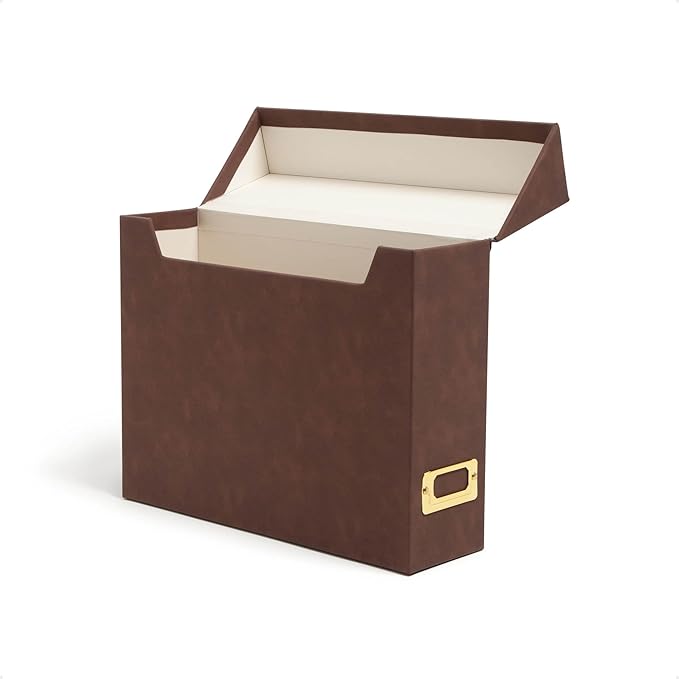 Smead Flip Top File Box, 10" x 3.7" x 13", Brown Vegan Leather, Gold Metal Nameplate (70234)