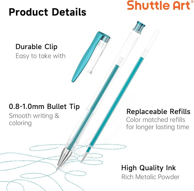 Shuttle Art 50 Pack Metallic Gel Pens, 25 Metallic Gel Pens Set with 25 Refills Perfect for Adult Coloring Books Doodling Drawing Art Markers