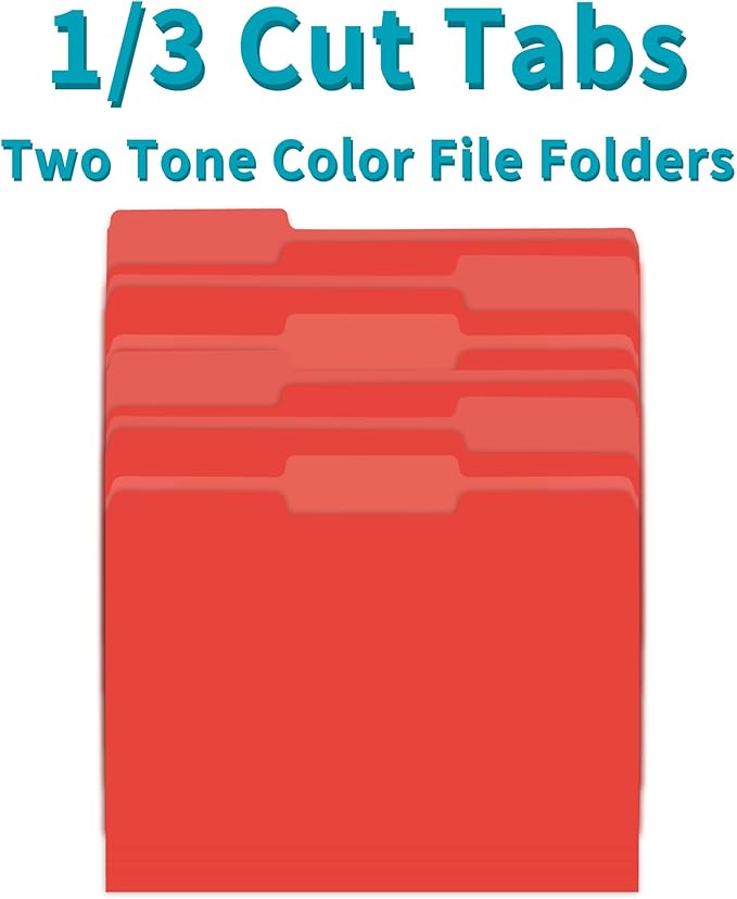 Two-Tone File Folder 8.5 x 11 Inch,100 Pack Red File Folders,1/3 Cut Tabs File Folder Letter Size,Colored File Folders,Manila File Folders for Office,School and Home,Organization
