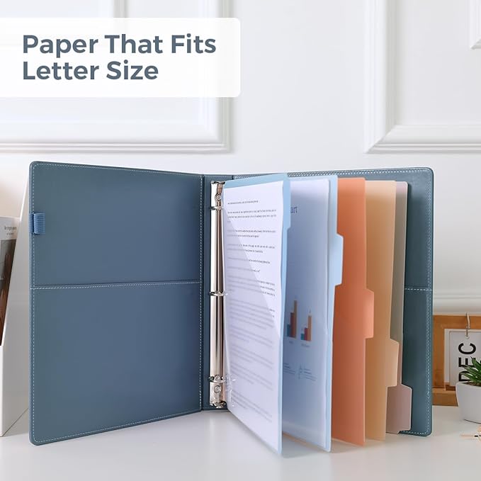 SKYDUE 3 Ring Binder with Clipboard 1 Inch, 13.2" × 10.2" PU Clipboard Binder with Notepad & 5 Dividers with 5 Pockets, Labels, Clipboard Folder Great for School Office(Fit Letter Sized Paper)
