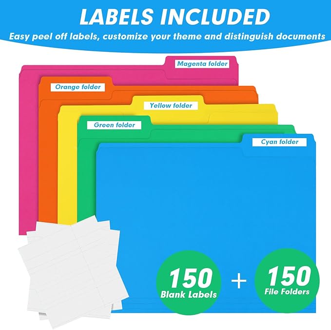 File Folder, RAZCC 150 Pack 1/3 Cut Tab Colored File Folders, File Folder Letter Size for Office Classroom Use, Assorted 5 Colors Folders with Tabs