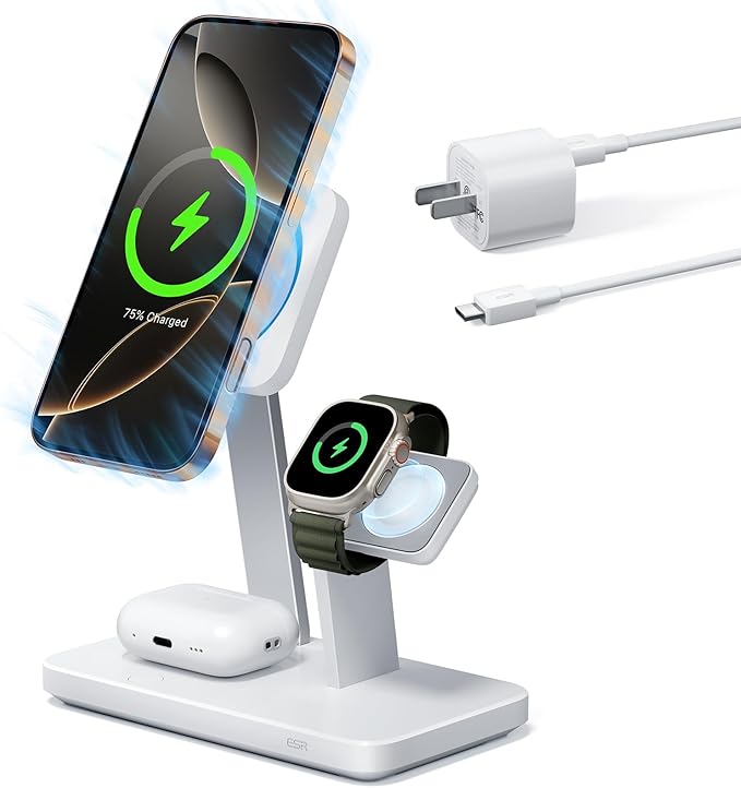 ESR 25W 3-in-1 Charger Stand for Magsafe, Made for Apple-Certified Magnetic Wireless Charger, 15W Charging Station for iPhone 17/16/15/14/13 Apple Watch/AirPods Pro, Phone-Cooling Charger, White