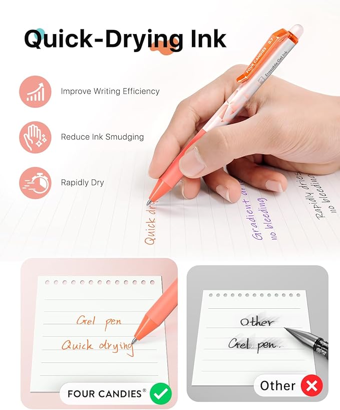 Four Candies 0.7mm Erasable Gel Pens, Make Mistakes Disappear Colored Pens, 18 Colors Retractable Fine Point Erasable Pens for Writing, Drawing, Planner & School Supplies