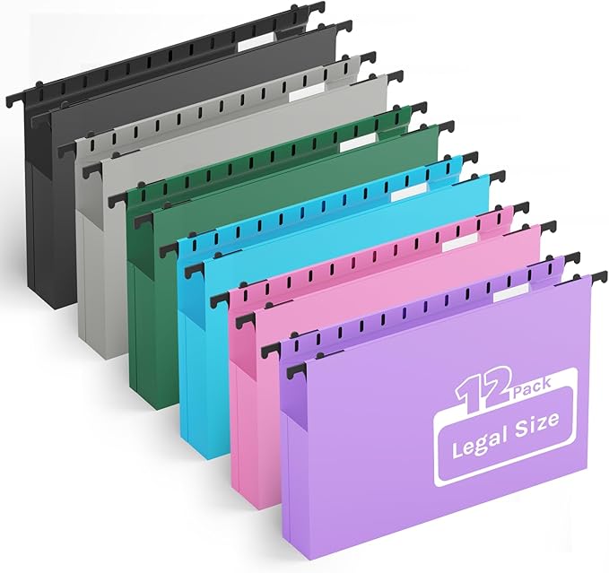 Ansook Plastic Extra Capacity Legal Hanging File Folders,Heavy Duty 2" Expansion Hanging Folder with 1/5 Tabs,12 Pack Filing Cabinet Folders,Accordion File Folders,Color File Organizer for Office