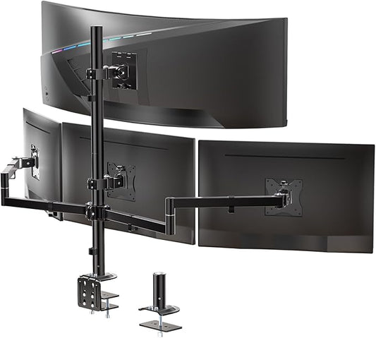 WALI Quad Monitor Mount for up to 49 inch Ultrawides on Top Bracket and 27 inch Screens on Lower Brackets, Extra Tall 4 Monitor Stand, Heavy Duty Monitors Arm up to 44 lbs (M004S-P), Black